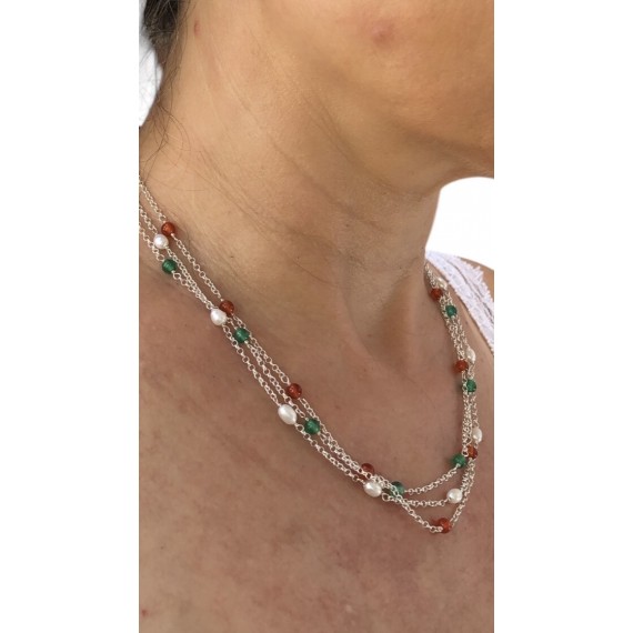 Colar conjunto trio de pedras naturais, ônix verde, pérola de água doce e cornalina